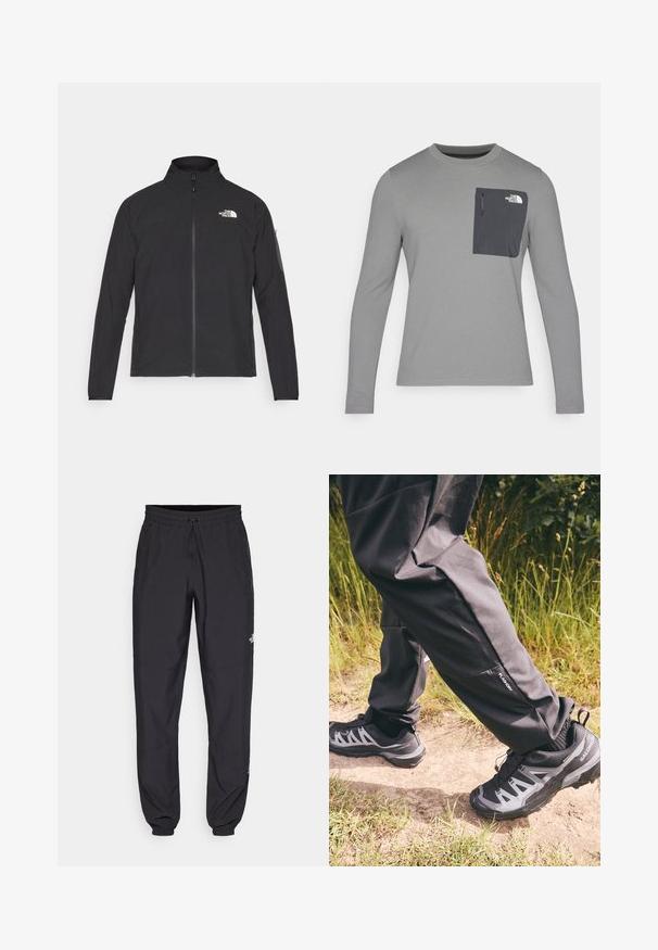 Svart jacka med hög krage, framdragkedja och texturerat tyg. Har en logotyp på övre vänstra sidan och en sidoficka på ärmen.; Långärmad grå skjorta i texturerad tyg, med en mörkgrå bröstficka och dragkedjestängning. Logotyp på fickan i vitt.; Svarta träningsbyxor tillverkade av lättviktsmaterial, med dragsko i midjan, sidofickor och avsmalnande muddar vid anklarna.; Svarta vattentäta byxor med avslappnad passform, som har en liten sidoficka. Matchar med robusta svarta och grå vandringsskor med ett mönster.