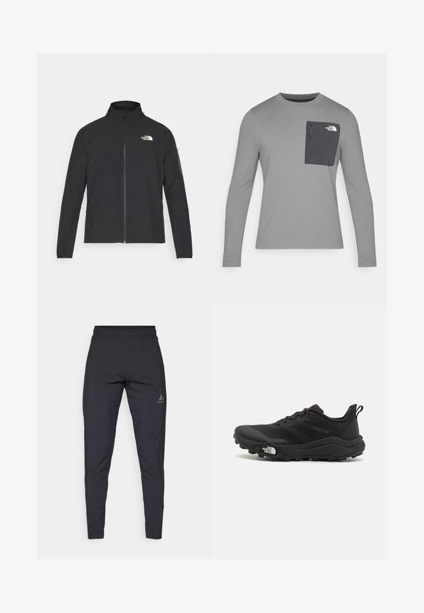 Casaco preto com um colarinho alto, fecho na frente e tecido texturizado. Apresenta um logótipo no canto superior esquerdo e um bolso lateral na manga.; Camisa de manga longa cinza com tecido texturizado, apresentando um bolso no peito cinza escuro e um fecho em zíper. Logótipo no bolso em branco.; Calças atléticas pretas feitas de um material leve e stretch. Apresentam uma cintura elástica e um logótipo no quadril esquerdo. Design ajustado.; Sapatilha de trail running preta com um upper texturizado, sola de borracha e biqueira reforçada. Possui um colarinho acolchoado e uma alça para facilitar o calçar.