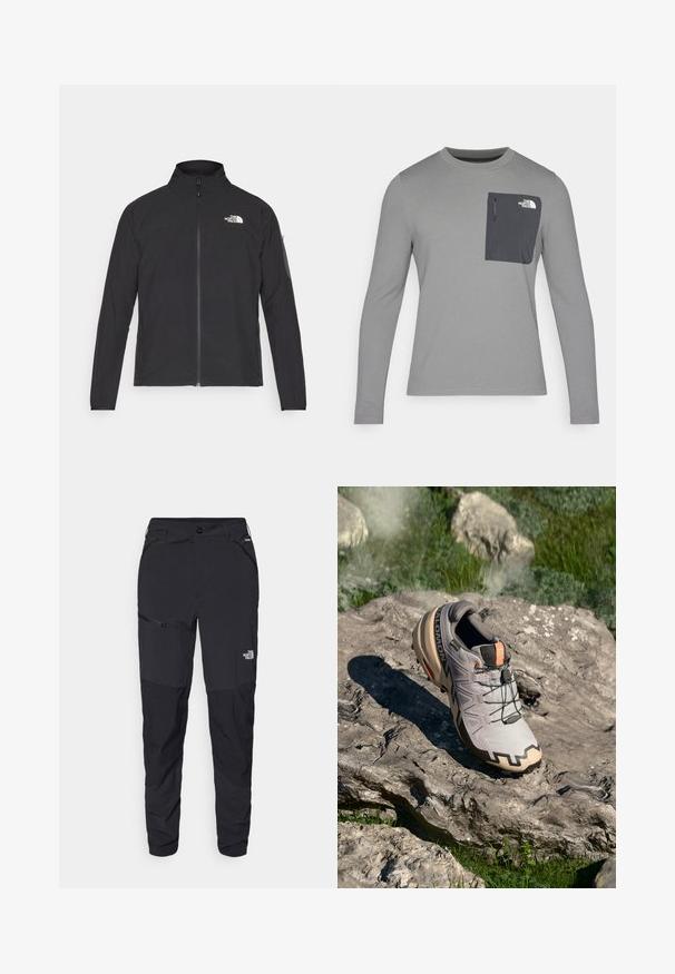 Musta jakk, millel on kõrge krae, eesneediga ja tekstuuriga kangas. Omab logo vasakul ülal ja küljetaskut varrukal.; Pikacitega hall pikka varrukaga särk, millel on tekstuuriga kangas, tumeda halli rinnataskuga ja tõmblukuga. Taskul valge logo.; Mustad musta värvi välispüksid kitsa lõikega, valmistatud vastupidavast kangast. Sisaldab lukuga Taskuid ja diskreetset brändingu eleminti esijalal.; Helehallid hallid jooksujalatsid beežide aktsentidega, tekstureeritud pealis, mustad paelad ja väljendunud tugi talla all. Omab brändi logo.