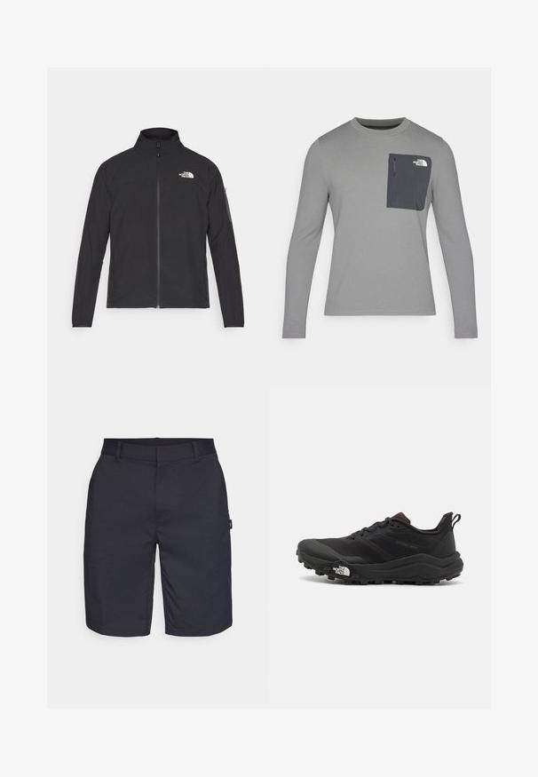 Μαύρο σακάκι με ψηλό γιακά, μπροστινό φερμουάρ και υφασμάτινη υφή. Διαθέτει λογότυπο στο πάνω αριστερό μέρος και πλαϊνή τσέπη στο μανίκι.; Γκρι μακρυμάνικο πουκάμισο με υφή, διαθέτει σκούρο γκρι τσέπη στο στήθος και κλείσιμο με φερμουάρ. Λογότυπο στην τσέπη σε λευκό χρώμα.; Oakley TERRAIN SHORT - Αθλητικό σορτς - blackout; Μαύρο αθλητικό παπούτσι τρεξίματος με υφασμάτινο άνω μέρος, καουτσούκ σόλα και ενισχυμένη μύτη. Διαθέτει επενδεδυμένο κολάρο και θηλιά στα πίσω για εύκολη φορεσιά.