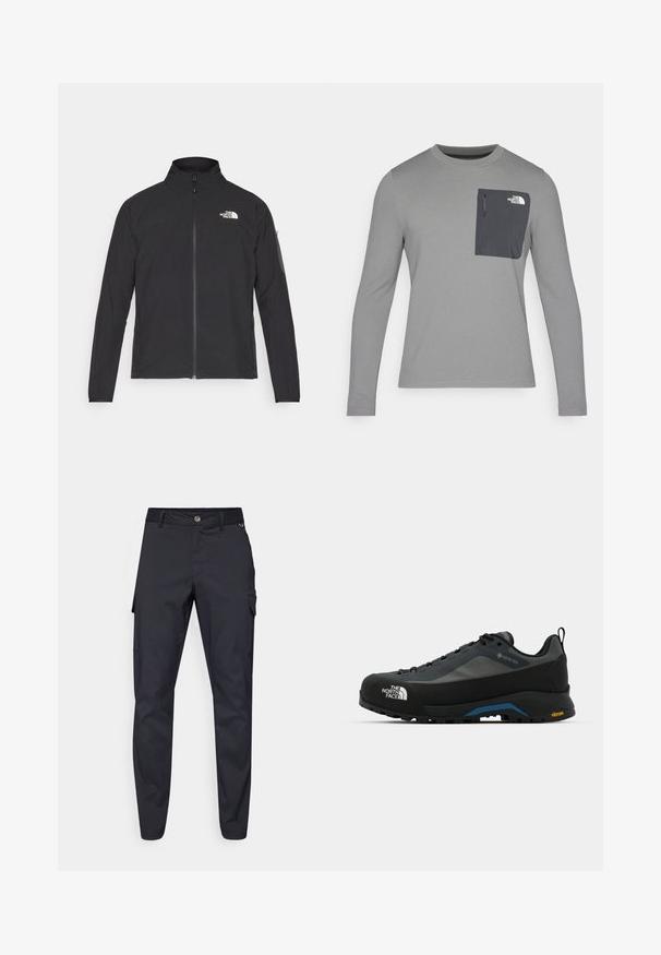 Μαύρο σακάκι με ψηλό γιακά, μπροστινό φερμουάρ και υφασμάτινη υφή. Διαθέτει λογότυπο στο πάνω αριστερό μέρος και πλαϊνή τσέπη στο μανίκι.; Γκρι μακρυμάνικο πουκάμισο με υφή, διαθέτει σκούρο γκρι τσέπη στο στήθος και κλείσιμο με φερμουάρ. Λογότυπο στην τσέπη σε λευκό χρώμα.; Ναυτικές cargo παντελόνες από ανθεκτικό ύφασμα, με κούμπωμα κουμπιού, πέντε τσέπες και στενές πόδια με ελαφριά υφή.; The North Face VERTO ALPINE GORE TEX - Παπούτσια πεζοπορίας - asphalt grey/tnf black