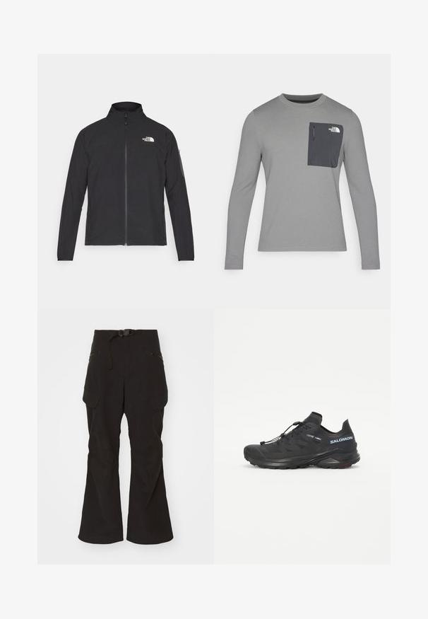 Sort jakke med høj krave, frontlynlås og struktureret stof. Har et logo på øverste venstre side og en sidelomme på ærmet.; Langærmet grå skjorte i tekstureret stof, med en mørkegrå brystlomme og lynlås. Logo på lommen i hvid.; Sorte cargosbukser med en tætsiddende talje, justerbart bælte og flere lynlåslommer og klaplommer. Har forstærkede knælapper.; Sort trail løbesko med en tekstureret overdel, elastiske snørebånd og Contagrip ydersål. Har en tætsiddende pasform og beskyttende tåhætte.