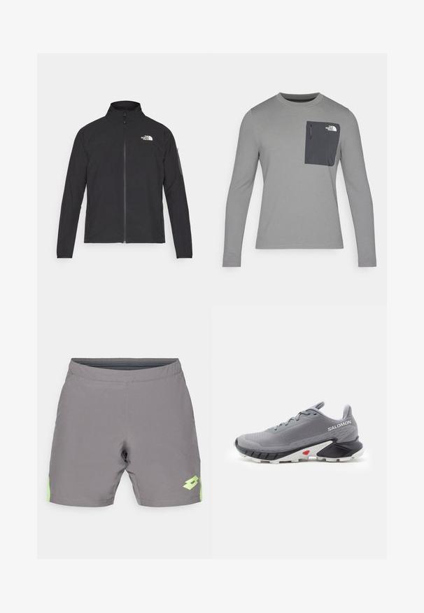 Musta jakk, millel on kõrge krae, eesneediga ja tekstuuriga kangas. Omab logo vasakul ülal ja küljetaskut varrukal.; Pikacitega hall pikka varrukaga särk, millel on tekstuuriga kangas, tumeda halli rinnataskuga ja tõmblukuga. Taskul valge logo.; Hallid hallid sportlikud lühikesed püksid elastse vöökohaga ja helesiniste detailidega, millel on logo paremal alaküljel. Sile tekstuur.; Hallid hallid jooksejalatsid tekstuuriga võrgus, must ja valge kummitald ning punane aktsent kanna lähedal. Omab paelu ja toeks disaini.