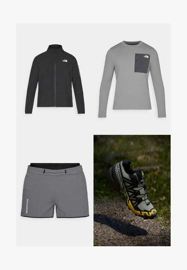 Černá bunda s vysokým límcem, předním zipem a strukturovanou tkaninou. Obsahuje logo na horní levé straně a boční kapsu na rukávu.; Šedá košile s dlouhým rukávem z texturované tkaniny, s tmavě šedou náprsní kapsou a zipovým uzávěrem. Logo na kapse v bílé barvě.; Šedé kraťasy s elastickým pasem, bočními kapsami a černými akcenty. Mají texturovaný povrch a logo na levé noze.; Salomon běžecká obuv na trail v tlumené šedé barvě s jasně žlutými akcenty. Má texturovanou podrážku, bezpečný systém šněrování a polstrovaný límec.
