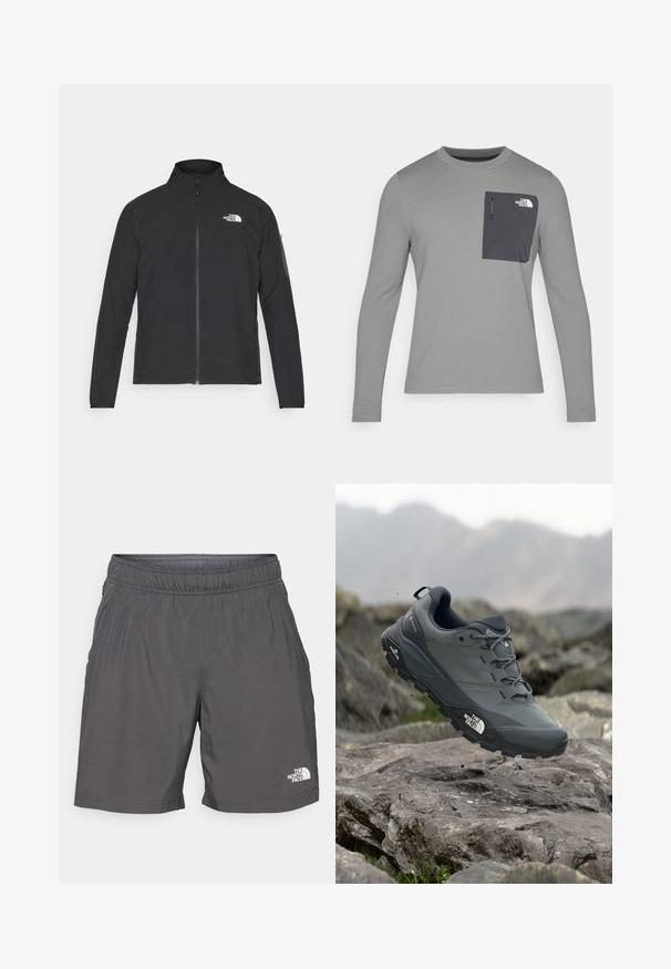 Črna jakna z visokim ovratnikom, sprednjim zadrgo in teksturirano tkanino. Ima logo na zgornji levi strani in stranski žep na rokavu.; Siva srajca z dolgimi rokavi z teksturirano tkanino, ki ima temnosivo žep na prsih in zadrgo. Logotip na žepu je bel.; Sivi, lahki šortisi z elastičnim pasom, stranskimi žepi in majhnim belim logotipom na spodnji levi nogi. Gladka tekstura in sproščen dizajn.; Sive teka za trail tek, z teksturirano zgornjimi deli, trpežnim gumijastim podplatom in ojačanim kapico za prste. Ima vezi in logotip blagovne znamke na strani.