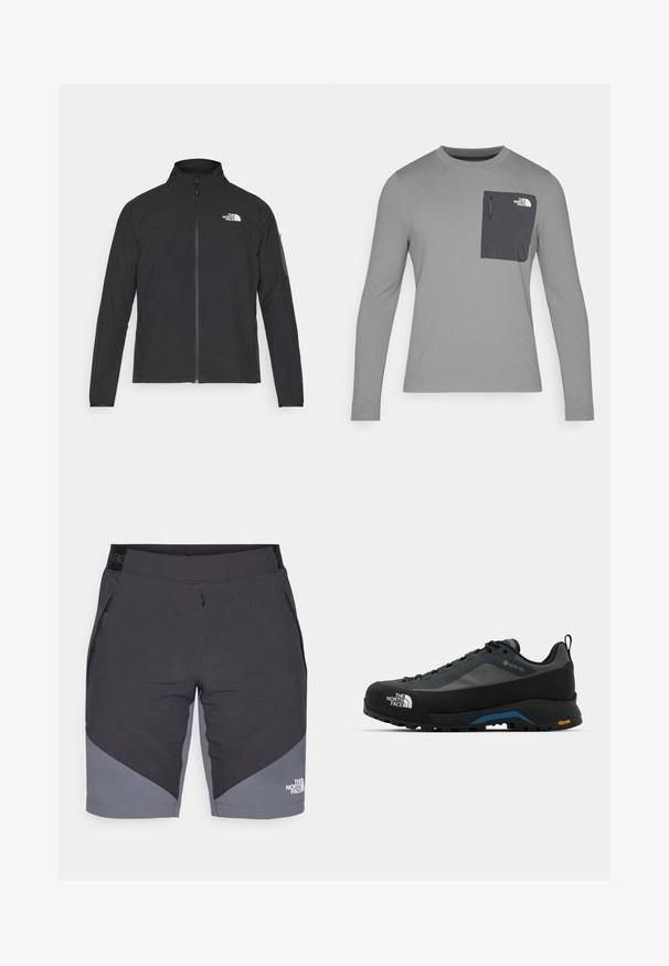 Μαύρο σακάκι με ψηλό γιακά, μπροστινό φερμουάρ και υφασμάτινη υφή. Διαθέτει λογότυπο στο πάνω αριστερό μέρος και πλαϊνή τσέπη στο μανίκι.; Γκρι μακρυμάνικο πουκάμισο με υφή, διαθέτει σκούρο γκρι τσέπη στο στήθος και κλείσιμο με φερμουάρ. Λογότυπο στην τσέπη σε λευκό χρώμα.; Ανδρικές σορτς σε μαύρο χρώμα με γκρίζες λεπτομέρειες, κατασκευασμένες από ελαφρύ ύφασμα. Διαθέτουν δύο φερμουάρ στα πλάγια και λογότυπο στο κάτω δεξί μέρος.; The North Face VERTO ALPINE GORE TEX - Παπούτσια πεζοπορίας - asphalt grey/tnf black