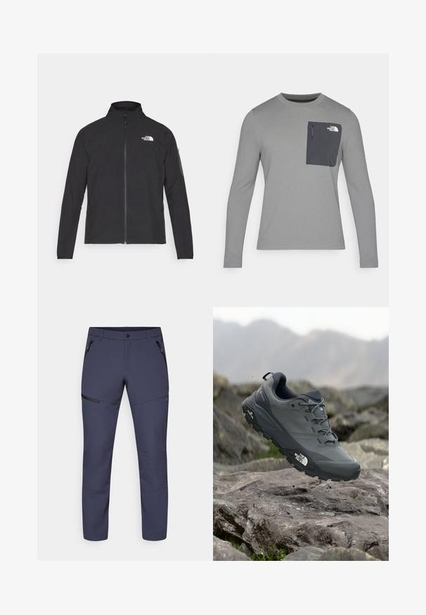 Črna jakna z visokim ovratnikom, sprednjim zadrgo in teksturirano tkanino. Ima logo na zgornji levi strani in stranski žep na rokavu.; Siva srajca z dolgimi rokavi z teksturirano tkanino, ki ima temnosivo žep na prsih in zadrgo. Logotip na žepu je bel.; Mornarske hlače za prosti čas, narejene iz lahkega, raztegljivega blaga. Značilnosti vključujejo stranske žepe na zadrgo in obliko nogavic, ki je ozka za boljšo mobilnost.; Sive teka za trail tek, z teksturirano zgornjimi deli, trpežnim gumijastim podplatom in ojačanim kapico za prste. Ima vezi in logotip blagovne znamke na strani.