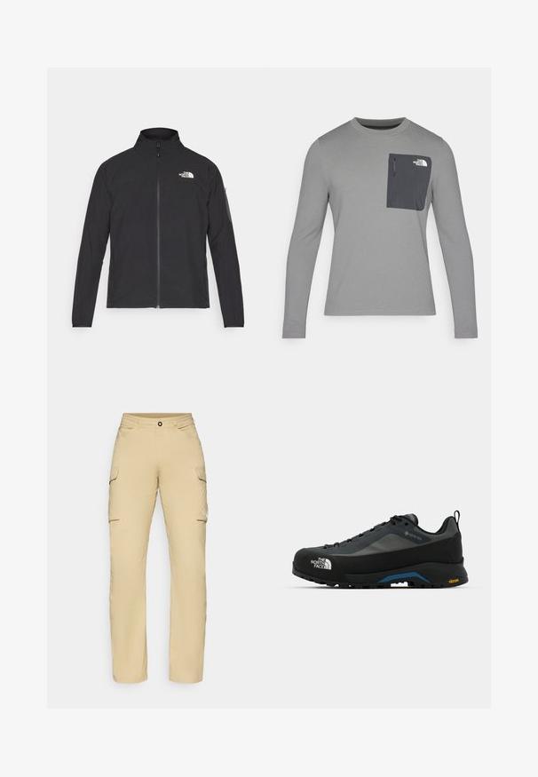 Fekete dzseki magas gallérral, elől cipzárral és texturált anyagból. Az elején bal oldalon logó található, és az ujjon egy oldalsó zseb helyezkedik el.; Hosszú ujjú szürke ing, texturált anyagból, sötétszürke mellzsebbel és cipzárral. A zsebén fehér logó található.; Beige szabású cargo nadrág, amelyen két oldalsó zseb, gombos záródás és logó részlet található a combon. Könnyű anyagból készült.; The North Face VERTO ALPINE GORE TEX - Túracipők - asphalt grey/tnf black