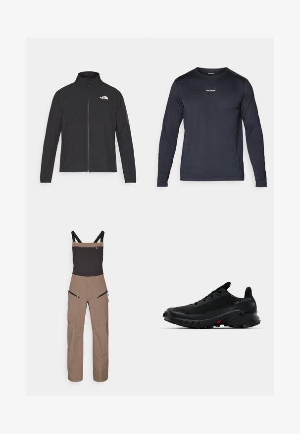 Casaco preto com um colarinho alto, fecho na frente e tecido texturizado. Apresenta um logótipo no canto superior esquerdo e um bolso lateral na manga.; Camisa atlética de manga longa, azul marinho, feita de tecido leve e respirável, com um acabamento texturizado e um pequeno logótipo branco no peito.; Calças bib em castanho e preto para exterior, com alças ajustáveis e bolsos com fecho no peito e nas coxas.; Tênis esportivos pretos com um cabedal texturizado, bico arredondado e solado de borracha proeminente. Apresenta um logotipo na lateral e detalhes vermelhos na sola.