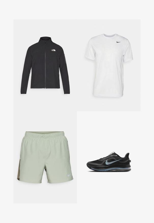 Casaco preto com um colarinho alto, fecho na frente e tecido texturizado. Apresenta um logótipo no canto superior esquerdo e um bolso lateral na manga.; T-shirt branca de mangas curtas feita de tecido suave. Apresenta um decote redondo e um pequeno logótipo da Nike em preto no lado esquerdo do peito.; Nike Performance CHALLENGER SHORT - Calções desportivos - jade horizon/medium olive/black/reflective silver; Sapatilha de corrida preta com swoosh azul da Nike, parte superior em malha, sola com amortecimento visível e design com atacadores, mostrada em vista lateral.