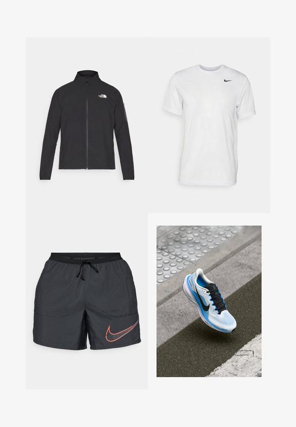Crna jakna s visokim ovratnikom, prednjim zatvaračem i teksturiranim materijalom. Ima logo na gornjem lijevom dijelu i bočnu žepnju na rukavu.; Bijela kratkotrajna majica s kratkim rukavima izrađena od glatkog materijala. Ima okrugli izrez i mali crni Nike logo na lijevoj strani prsnog koša.; Crne Nike trkačke kratke hlače s podesivim pojasom na vezivanje i velikim crvenim i bijelim Nike swoosh logotipom na lijevoj nozi.; Bijela i plava tenisica za trčanje s crnim vezicama i Nikeovim točkom koja lebdi iznad asfalta i ivičnjaka.