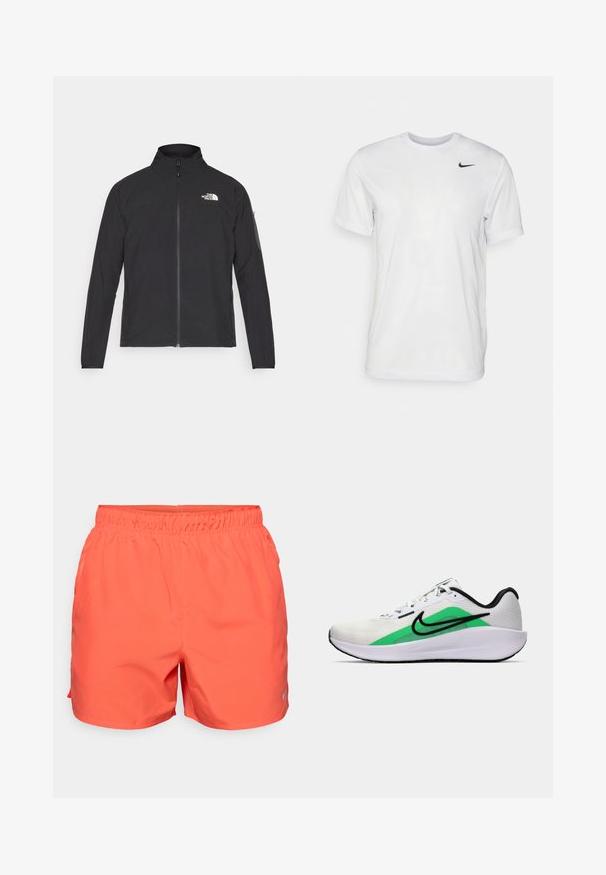 Juodas švarkas su aukšta apykakle, priekiniais užtrauktukais ir tekstūruotu audiniu. Yra logotipas viršuje kairėje ir šoninis kišenė ant rankovės.; Balta trumpa rankovėmis marškinėliai, pagaminti iš lygaus audinio. Turi apvalų kaklą ir mažą juodą Nike logotipą kairėje krūtinės pusėje.; Koraliniai sportiniai šortai su elastingu juosmeniu, lengva medžiaga ir mažas atspindintis logotipas apatinėje kairėje pusėje.; Balti sportiniai batai su žalia akcentu, juodu logotipu, tinklinė viršutinė dalis, paminkštintas padas ir suapvalintas kulnas. Yra raišteliai ir kontrastingos detalės.