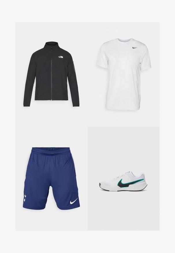 Czarna kurtka z wysokim kołnierzem, przednim zamkiem błyskawicznym i teksturowanym materiałem. Posiada logo na górnej lewej stronie oraz kieszeń na rękawie.; Biała koszulka z krótkim rękawem wykonana z gładkiego materiału. Posiada okrągły dekolt oraz małe czarne logo Nike po lewej stronie klatki piersiowej.; Spodenki sportowe Nike w ciemnoniebieskim kolorze, z elastycznym pasem, białymi akcentami po bokach oraz logiem klubu na lewej nodze.; Białe buty sportowe z teksturowaną siateczką, czarną gumową podeszwą i akcentem w kolorze turkusowym w kształcie logo Nike. Posiadają sznurowadła i wyściełany kołnierz.