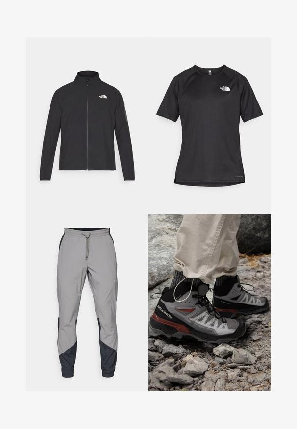 Fekete dzseki magas gallérral, elől cipzárral és texturált anyagból. Az elején bal oldalon logó található, és az ujjon egy oldalsó zseb helyezkedik el.; Fekete, rövid ujjú sportpóló struktúrált anyagból, bal mellen fehér logóval és egyenes aljjal.; Könnyű, szürke sportnadrág fekete részletekkel. Rugalmas derékpánt, zsinóros zárás, szabott lábszár kialakítás és oldalsó zsebek.; Salomon X ULTRA 360 MID GTX - Túracipők - pewter/black/burnt henna