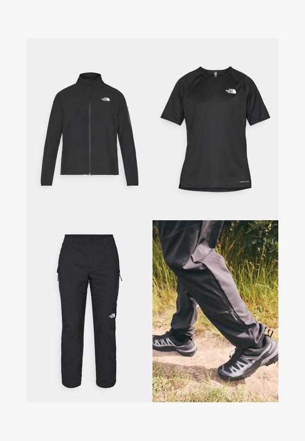 Melna jaka ar augstu apkakli, priekšpuses rāvējslēdzēju un teksturētu audumu. Ievērojams logo augšējā kreisajā pusē un sānu kabata uz piedurknes.; Melna sporta krekla īsām piedurknēm ar strukturētu audumu, kas ir ar baltu logotipu kreisajā krūtīs un taisnu apakšmalu.; The North Face WINTER EXPLORATION TAPERED CARGO - Āra bikses - black; Melnas ūdensizturīgas bikses ar brīvu piegriezumu, kurām ir neliela sānu kabata. Apvienotas ar izturīgām melnām un pelēkām pārgājienu kurpēm ar rakstu.