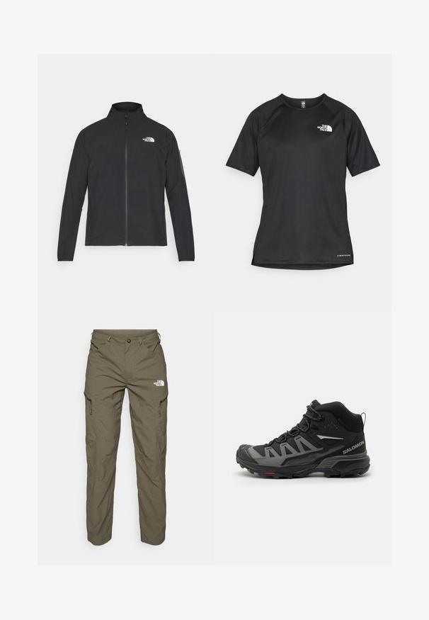Casaco preto com um colarinho alto, fecho na frente e tecido texturizado. Apresenta um logótipo no canto superior esquerdo e um bolso lateral na manga.; Camisa atlética preta de manga curta com um tecido texturizado, apresentando um logotipo branco no peito esquerdo e uma bainha reta.; Calças de exterior verde-oliva feitas de um tecido leve, com bolsos tipo cargo, detalhes em zíper e um logótipo na parte superior da coxa.; Shoe de caminhada em preto e cinza, com um upper texturizado, biqueira reforçada, sistema de atacadores e sola robusta projetada para tração.