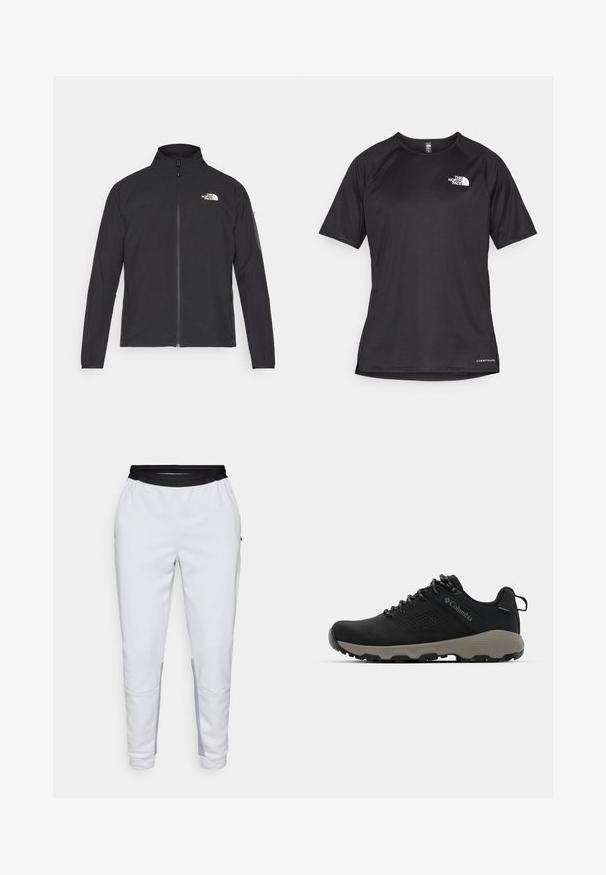 Črna jakna z visokim ovratnikom, sprednjim zadrgo in teksturirano tkanino. Ima logo na zgornji levi strani in stranski žep na rokavu.; Črna kratko rokavna športna majica iz teksturirane tkanine, z belim logotipom na levem prsnem delu in ravnim robom.; Bela atletska hlača z črnim elastičnim pasom. Ima stranske žepe in sivo oznako vzdolž spodnjih nogavic. Gladka textura.; Črne pohodniške čevlje z gladkim zgornjim delom, perforiranim dizajnom, sivo podplatom in ojačanim petnim delom. Imajo vezalke in zanko za enostavno obuvanje.