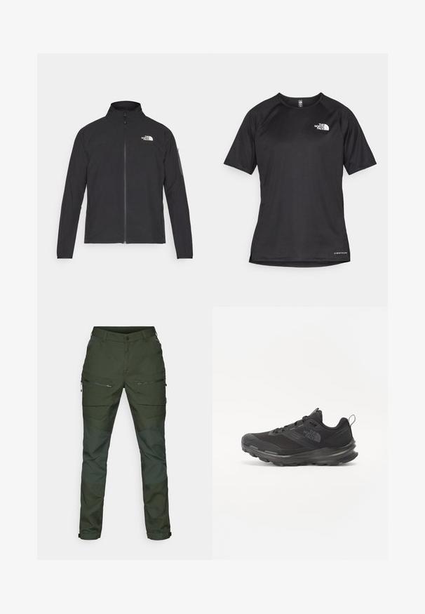 Czarna kurtka z wysokim kołnierzem, przednim zamkiem błyskawicznym i teksturowanym materiałem. Posiada logo na górnej lewej stronie oraz kieszeń na rękawie.; Czarna, krótkosleeve'owa koszulka sportowa z teksturowanej tkaniny, z białym logo na lewej piersi i prostym dołem.; Zielone spodnie outdoorowe z mieszanką tekstur, wieloma zapinanymi na zamek kieszeniami oraz wzmocnionymi obszarami. Projekt zawiera zwężaną nogawkę i regulowane mankiety.; Czarne buty sportowe z siateczkowym wierzchem, gumową podeszwą i wyściełanym kołnierzem. Posiadają sznurówki, logo z boku oraz teksturowany wzór.