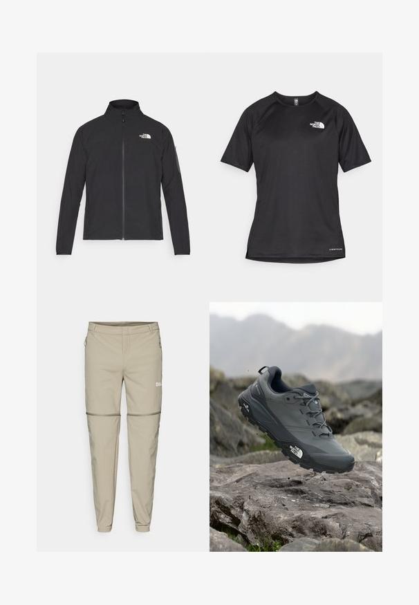 Svart jakke med høy krage, frontglidelås og teksturert stoff. Har et logo på øvre venstre side og en sidelomme på ermet.; Svart kortermet treningstrøye med strukturert stoff, med en hvit logo på venstre bryst og rett kant.; Beige utendørsbukser med glidelåsavtakbar funksjon, slim fit, myk tekstur, sidelommer med glidelås og en subtil logo på venstre lår.; Grå terrengløpesko med en teksturert overdel, slitesterk gummisåle og forsterket tåhette. Inkluderer snørebånd og merkevarelogo på siden.