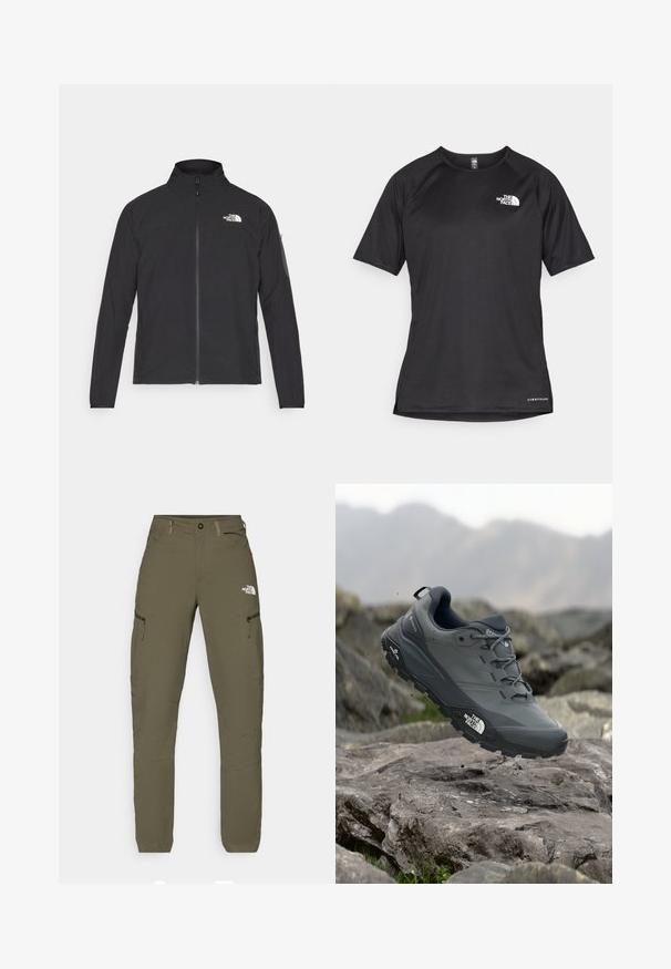 Fekete dzseki magas gallérral, elől cipzárral és texturált anyagból. Az elején bal oldalon logó található, és az ujjon egy oldalsó zseb helyezkedik el.; Fekete, rövid ujjú sportpóló struktúrált anyagból, bal mellen fehér logóval és egyenes aljjal.; Olívazöld kültéri nadrág, cipzáras zsebbel, könnyű anyagból készült, egyenes szárú fazon, a The North Face logójával.; Szürke terepfutó cipő, texturált felsőrésszel, tartós gumitalppal és megerősített orr résszel. Fekete fűzők és márka logó a cipő oldalán.