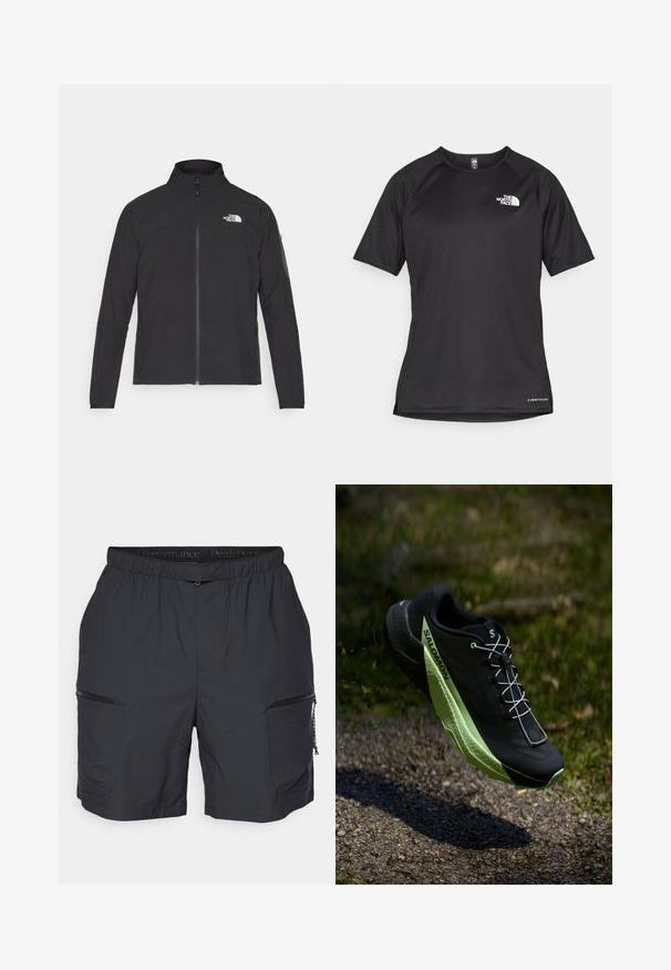 Juodas švarkas su aukšta apykakle, priekiniais užtrauktukais ir tekstūruotu audiniu. Yra logotipas viršuje kairėje ir šoninis kišenė ant rankovės.; Juoda trumpa rankovė atletinė marškinė, pagaminta iš tekstūruotos medžiagos, su baltu logotipu kairėje krūtinės pusėje ir tiesiu apdailos kraštu.; Juodos sportinės šortai su elastingu juosmeniu, dviem užtrauktukais uždaromomis kišenėmis šonuose ir glotnia, lengva medžiaga. Savybės - kampinės siūlės.; Juodas bėgimo batelis su tekstūruota paviršiumi ir žaliais akcentais. Pasižymi lengvu dizainu ir unikalia, raštuota išorine dalimi, užtikrinančia sukibimą.