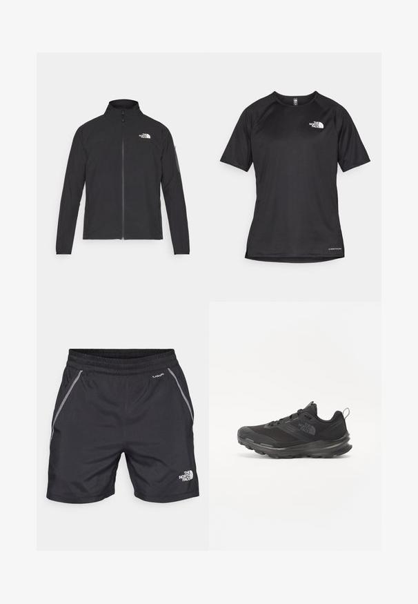 Schwarze Jacke mit hohem Kragen, vorderem Reißverschluss und TEXTURIERTEM Stoff. Verfügt über ein Logo auf der oberen linken Seite und eine Seitentasche am Ärmel.; Schwarzes kurzärmliges Sportshirt aus strukturiertem Stoff, mit einem weißen Logo auf der linken Brust und einem geraden Saum.; The North Face HAKUUN SHORT - Kurze Sporthose - black; Schwarzer Sportschuh mit Mesh-Obermaterial, Gummisohle und gepolstertem Schaft. Verfügt über Schnürsenkel, Logo an der Seite und ein strukturiertes Design.