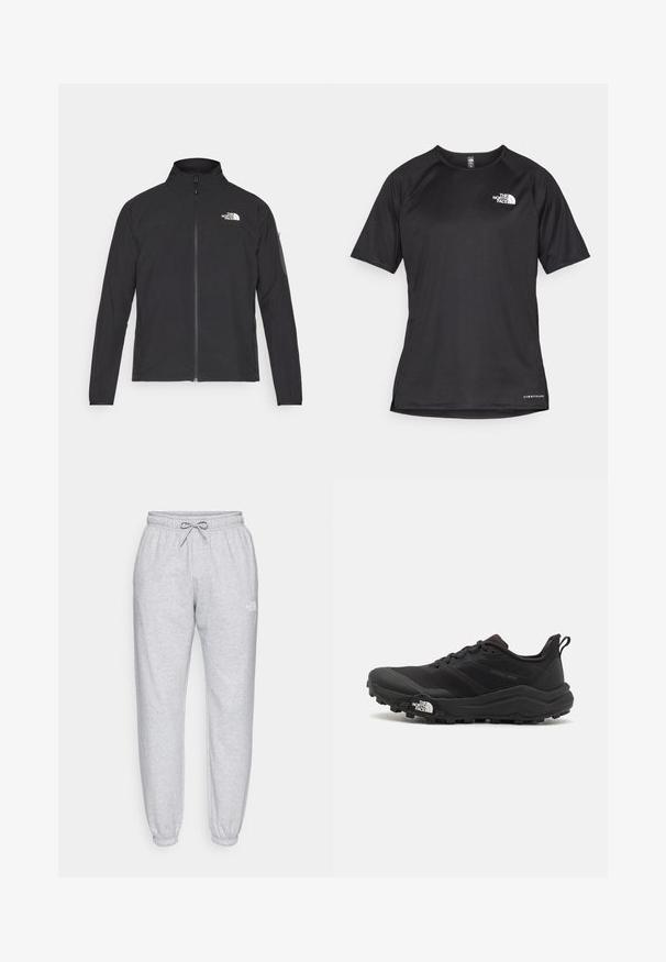Črna jakna z visokim ovratnikom, sprednjim zadrgo in teksturirano tkanino. Ima logo na zgornji levi strani in stranski žep na rokavu.; Črna kratko rokavna športna majica iz teksturirane tkanine, z belim logotipom na levem prsnem delu in ravnim robom.; Svetlo sivi trenirka z elastičnim pasom in vrvico. Ožji hlačnicami in diskretnim logotipom na zgornjem delu noge. Narejena iz mehkega materiala.; Črne tekaške čevlje za trail s teksturirano zgornjega dela, gumijastim podplatom in ojačanim zaključkom prstov. Vključuje oblazinjen ovratnik in zanko za enostavno obuvanje.