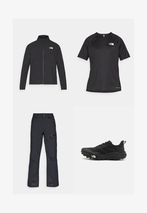 Black jacket with a high collar, front zipper, and textured fabric. Features a logo on the upper left and a side pocket on the sleeve.; Black short-sleeve athletic shirt with a textured fabric, featuring a white logo on the left chest and a straight hem.; Black ski pants made from durable fabric, with a straight leg design, zippered side pockets, and mesh detailing at the cuffs.; Black trail running shoe with a textured upper, rubber sole, and reinforced toe cap. Features a padded collar and pull tab for easy wear.