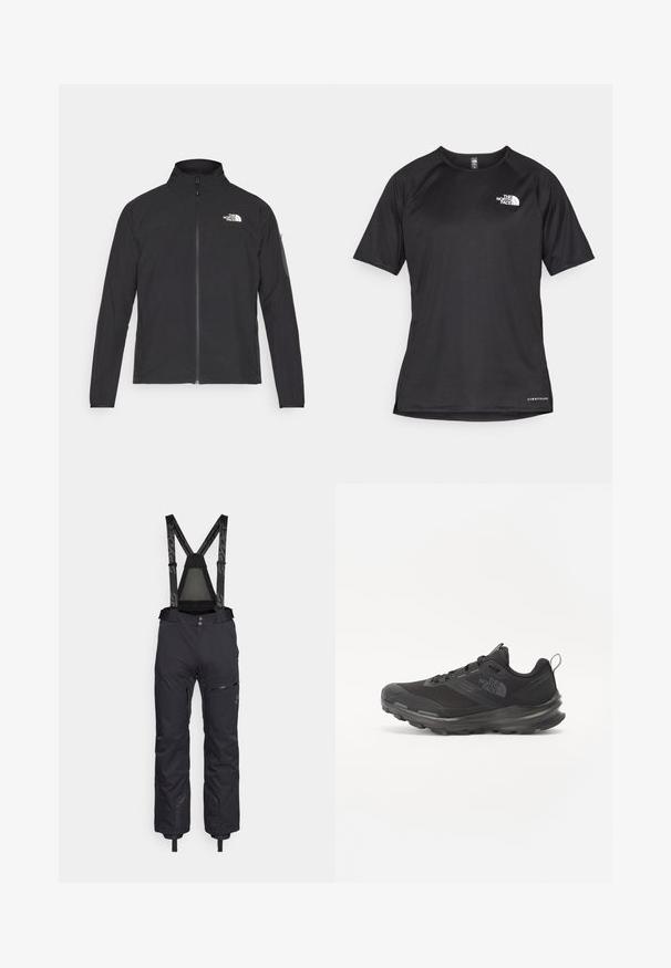 Čierna bunda s vysokým golierom, predným zipsom a textúrovanou tkaninou. Na prednej strane má logo na ľavej hornej strane a bočnú vrecko na rukáve.; Čierne športové tričko s krátkym rukávom z texturovanej látky, s bielym logom na ľavej hrudi a rovným lemom.; Spyder DARE PANTS LENGTHS - Lyžiarske nohavice - black; Čierna športová obuv s vrchnou časťou z jemnej sieťoviny, gumovou podrážkou a polstrovaným golierom. Obsahuje šnúrky, logo na strane a textúrovaný dizajn.