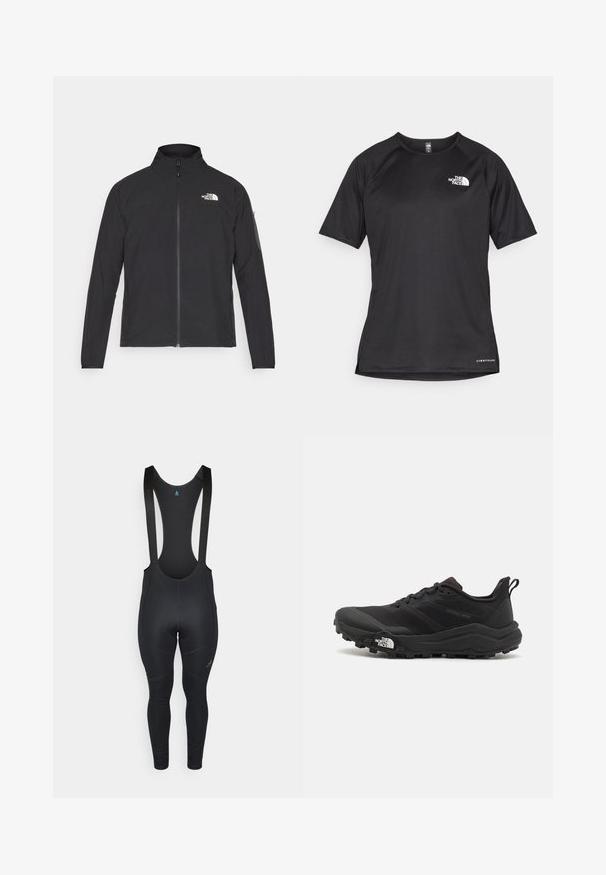 Casaco preto com um colarinho alto, fecho na frente e tecido texturizado. Apresenta um logótipo no canto superior esquerdo e um bolso lateral na manga.; Camisa atlética preta de manga curta com um tecido texturizado, apresentando um logotipo branco no peito esquerdo e uma bainha reta.; Calças de ciclismo pretas com alças ajustáveis, design sem costuras, área acolchoada na zona do assento e detalhe do logótipo na perna esquerda. Tecido liso e elástico.; Sapatilha de trail running preta com um upper texturizado, sola de borracha e biqueira reforçada. Possui um colarinho acolchoado e uma alça para facilitar o calçar.