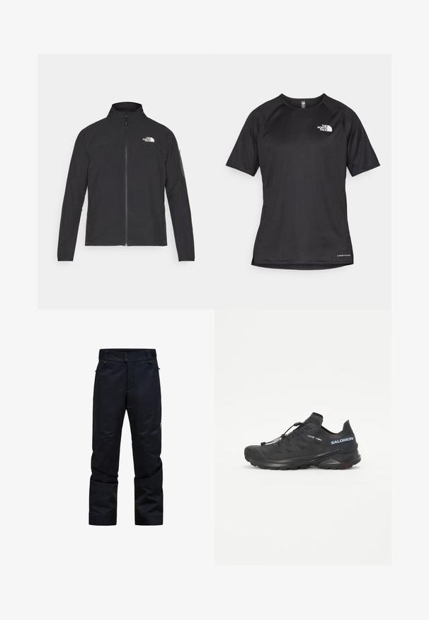 Melna jaka ar augstu apkakli, priekšpuses rāvējslēdzēju un teksturētu audumu. Ievērojams logo augšējā kreisajā pusē un sānu kabata uz piedurknes.; Melna sporta krekla īsām piedurknēm ar strukturētu audumu, kas ir ar baltu logotipu kreisajā krūtīs un taisnu apakšmalu.; Melnas ūdensizturīgas bikses ar taisnu griezumu, diviem pogu aizdari, ar rāvējslēdzējiem kabatām un regulējamu jostasvietu. Satur gludu, izturīgu audumu.; Melna taku skriešanas apava ar teksturētu augšdaļu, elastīgām auklām un Contagrip zoli. Iekļauj ciešu piegulšanu un aizsargājošu pirkstu daļu.