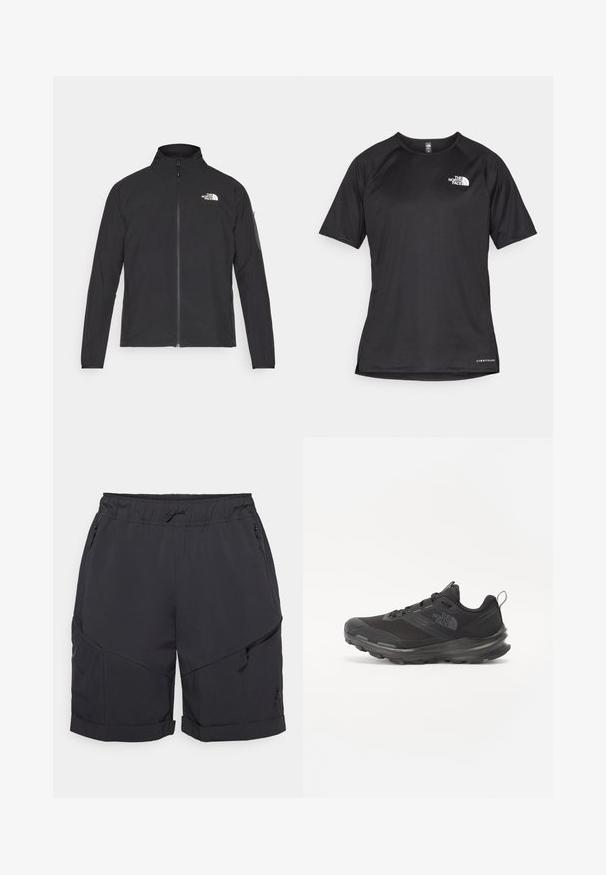 Juodas švarkas su aukšta apykakle, priekiniais užtrauktukais ir tekstūruotu audiniu. Yra logotipas viršuje kairėje ir šoninis kišenė ant rankovės.; Juoda trumpa rankovė atletinė marškinė, pagaminta iš tekstūruotos medžiagos, su baltu logotipu kairėje krūtinės pusėje ir tiesiu apdailos kraštu.; Juodos sportinės šortai su elastinga juosmena, šoninėmis užtrauktukų kišenėmis ir sulankstytais kraštais. Pagaminti iš lengvos, lygios medžiagos su matinio paviršiumi.; Juodos sportinės bateliai su tinklelio viršumi, guminiais padu ir paminkštintu apykakle. Yra raišteliai, logotipas šone ir tekstūruotas dizainas.