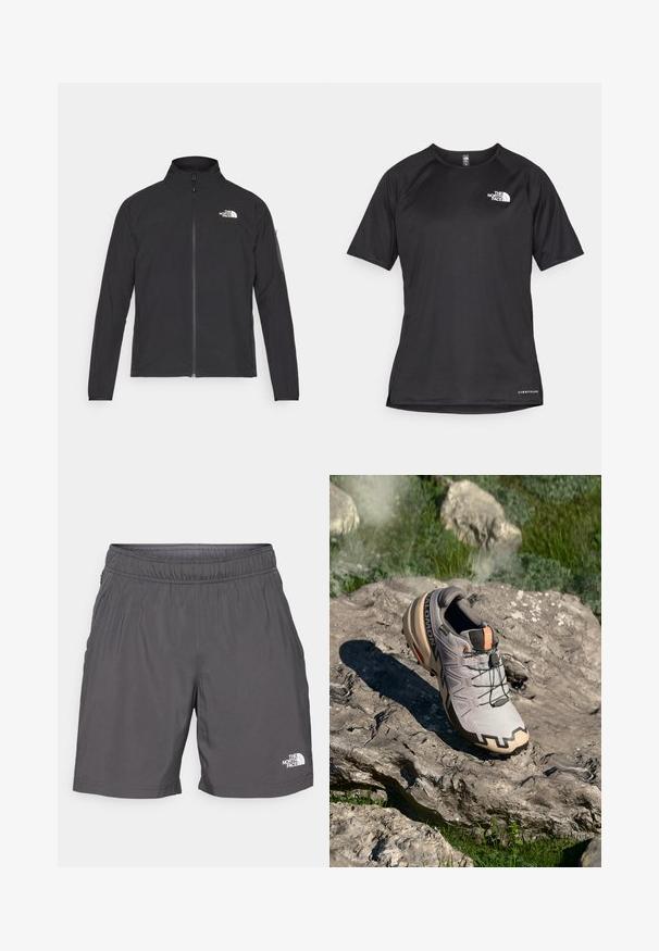 Melna jaka ar augstu apkakli, priekšpuses rāvējslēdzēju un teksturētu audumu. Ievērojams logo augšējā kreisajā pusē un sānu kabata uz piedurknes.; Melna sporta krekla īsām piedurknēm ar strukturētu audumu, kas ir ar baltu logotipu kreisajā krūtīs un taisnu apakšmalu.; Pelēki, viegļi šorti ar elastīgu jostu, sānu kabatām un nelielu baltu logo kreisajā apakšējā kājā. Gluda tekstūra un ikdienišķs dizains.; Gaišs pelēks taku skriešanas apavs ar bēšiem akcentiem, teksturēta virsma, melnas mežģīnes un izteikta zole. Satur zīmola logo.