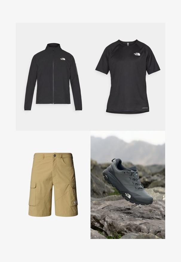 Czarna kurtka z wysokim kołnierzem, przednim zamkiem błyskawicznym i teksturowanym materiałem. Posiada logo na górnej lewej stronie oraz kieszeń na rękawie.; Czarna, krótkosleeve'owa koszulka sportowa z teksturowanej tkaniny, z białym logo na lewej piersi i prostym dołem.; Be żowe szorty cargo z lekkiego materiału, posiadające dwie kieszenie boczne i dwie kieszenie cargo. Zawierają zapięcie na guzik oraz szlufki na pasek.; Szare buty do biegania w terenie z teksturową cholewką, trwałą gumową podeszwą i wzmocnionym noskiem. Posiadają sznurowadła oraz logo marki z boku.