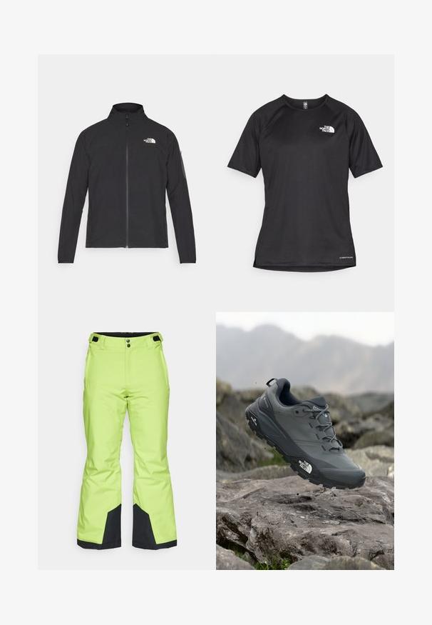 Black jacket with a high collar, front zipper, and textured fabric. Features a logo on the upper left and a side pocket on the sleeve.; Black short-sleeve athletic shirt with a textured fabric, featuring a white logo on the left chest and a straight hem.; Bright lime green ski pants with a smooth texture, featuring black accents at the cuffs and a button closure at the waist.; Grey trail running shoe with a textured upper, durable rubber sole, and reinforced toe cap. Features laces and brand logo on the side.