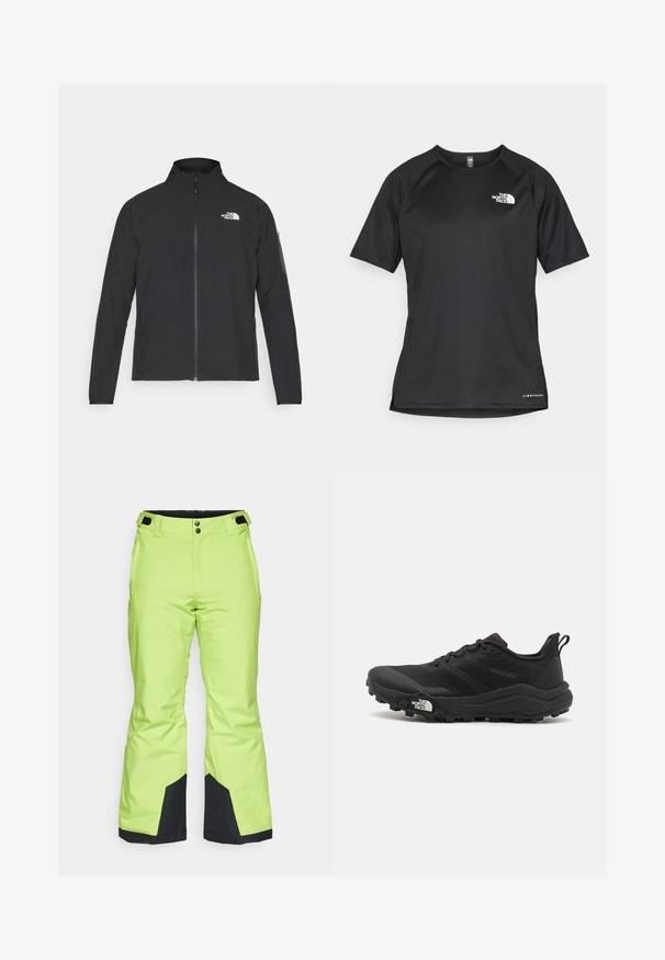 Giacca nera con colletto alto, zip frontale e tessuto strutturato. Presenta un logo sulla parte superiore sinistra e una tasca laterale sulla manica.; Maglietta sportiva nera a maniche corte con tessuto testurizzato, caratterizzata da un logo bianco sul lato sinistro del petto e orlo dritto.; Pantaloni da sci di un luminoso verde lime con una texture liscia, caratterizzati da dettagli neri ai polsini e una chiusura con bottone in vita.; Scarpa da trail running nera con tomaia texture, suola in gomma e punta rinforzata. Presenta un collare imbottito e un tassello per un indossamento facile.