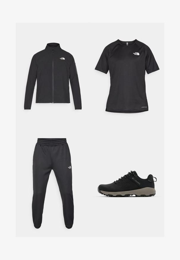 Fekete dzseki magas gallérral, elől cipzárral és texturált anyagból. Az elején bal oldalon logó található, és az ujjon egy oldalsó zseb helyezkedik el.; Fekete, rövid ujjú sportpóló struktúrált anyagból, bal mellen fehér logóval és egyenes aljjal.; Fekete melegítőnadrág, húzózsinórral a derékrészen, szűkített fazonnal, rugalmas szegélyekkel és egy kis fehér logóval a bal combon, sima anyagból készült.; Fekete túrabakancs sima felsőrésszel, perforált dizájnnal, szürke talppal és megerősített sarkal. Fűzővel és húzószalaggal van ellátva a könnyű felvétel érdekében.