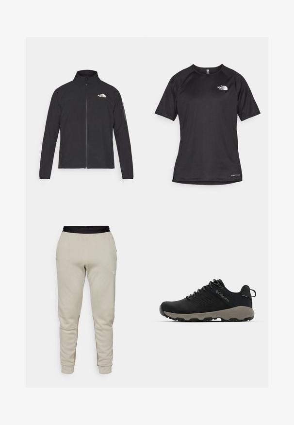 Μαύρο σακάκι με ψηλό γιακά, μπροστινό φερμουάρ και υφασμάτινη υφή. Διαθέτει λογότυπο στο πάνω αριστερό μέρος και πλαϊνή τσέπη στο μανίκι.; Μαύρο αθλητικό μπλουζάκι με κοντά μανίκια και υφή, με λευκή λογότυπο στο αριστερό στήθος και ίσια ραφή.; The North Face MOUNTAIN ATHLETICS PANT - Παντελόνι φόρμας - clay grey/cavern grey; Μαύρο ορειβατικό παπούτσι με λείο επάνω μέρος, διάτρητο σχέδιο, γκρι σόλα και ενισχυμένη φτέρνα. Διαθέτει κορδόνια και κρίκο για εύκολη φόρμα.