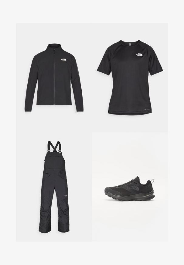 Casaco preto com um colarinho alto, fecho na frente e tecido texturizado. Apresenta um logótipo no canto superior esquerdo e um bolso lateral na manga.; Camisa atlética preta de manga curta com um tecido texturizado, apresentando um logotipo branco no peito esquerdo e uma bainha reta.; Macacão preto com alças ajustáveis, bolsos laterais e um bolso frontal com aba. Feito de material resistente às intempéries.; Sapatilha atlética preta com parte superior em malha, sola de borracha e colarinho almofadado. Apresenta atacadores, logótipo de lado e um design texturizado.