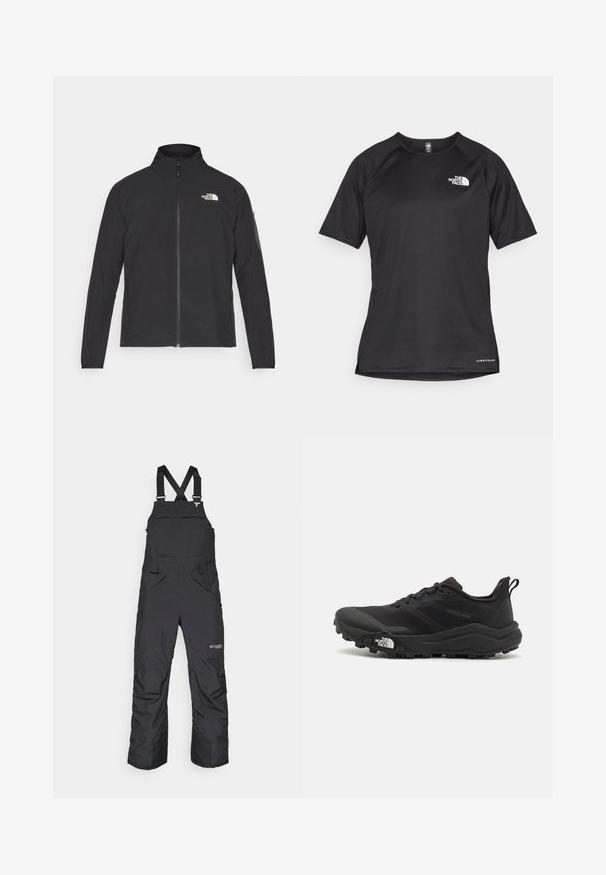 Fekete dzseki magas gallérral, elől cipzárral és texturált anyagból. Az elején bal oldalon logó található, és az ujjon egy oldalsó zseb helyezkedik el.; Fekete, rövid ujjú sportpóló struktúrált anyagból, bal mellen fehér logóval és egyenes aljjal.; Fekete hóoverál állítható vállpántokkal, oldalsó zsebekkel és egy elülső fedeles zsebbel. Időjárásálló anyagból készült.; Fekete terepfutó cipő, textúrált felső résszel, gumitalppal és megerősített lábujjrészével. Párnázott bokarésszel és húzófüllel rendelkezik a könnyű felhúzáshoz.