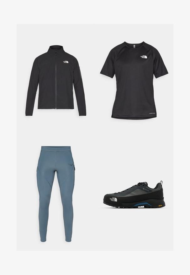 Schwarze Jacke mit hohem Kragen, vorderem Reißverschluss und TEXTURIERTEM Stoff. Verfügt über ein Logo auf der oberen linken Seite und eine Seitentasche am Ärmel.; Schwarzes kurzärmliges Sportshirt aus strukturiertem Stoff, mit einem weißen Logo auf der linken Brust und einem geraden Saum.; Blaue Sportleggings mit glatter Textur, ausgestattet mit Seitentaschen und einem kontrastierenden schwarzen Logo an der Hüfte. Figurschmeichelnder Schnitt.; The North Face VERTO ALPINE GORE TEX - Hikingschuh - asphalt grey/tnf black