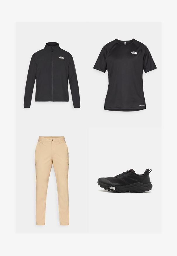 Crna jakna s visokim ovratnikom, prednjim zatvaračem i teksturiranim materijalom. Ima logo na gornjem lijevom dijelu i bočnu žepnju na rukavu.; Crna kratkotrajna atletska majica s teksturiranom tkaninom, koja ima bijeli logo na lijevom prsnom dijelu i ravni rub.; Bež cargo hlače sa zatvaranjem na dugme, uskog kroja, bočnim džepovima i glatkom mješavinom pamuka. Nema vidljivih uzoraka ili akcenata.; Crne trail trkačke cipele s teksturiranim gornjim dijelom, gumeni potplat i ojačana zaštita za prste. Imaju podstavljen ovratnik i trakicu za lakše obuvanje.