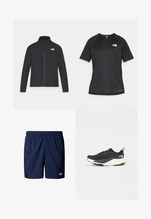 Melna jaka ar augstu apkakli, priekšpuses rāvējslēdzēju un teksturētu audumu. Ievērojams logo augšējā kreisajā pusē un sānu kabata uz piedurknes.; Melna sporta krekla īsām piedurknēm ar strukturētu audumu, kas ir ar baltu logotipu kreisajā krūtīs un taisnu apakšmalu.; Lietnavs zila peldkostīmu šorti, izgatavoti no viegla auduma, ar elastīgu jostasvietu, sānu kabatām un mazu logo apakšējā priekšpusē.; Melna sporta kurpe ar teksturētu acs augšdaļu, cietiem melniem akcentiem un balto vieglo zoli. Iekļauj šņorēšanas aizdari un vilkšanas cilpu.