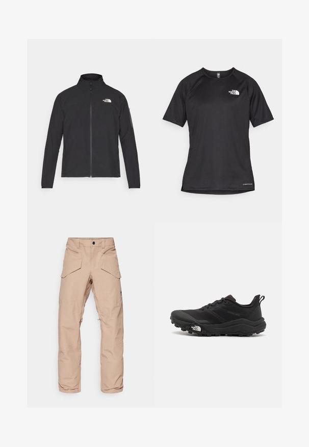 Zwarte jas met een hoge kraag, ritssluiting aan de voorkant en een gestructureerde stof. Heeft een logo op de bovenste linkerzijde en een zijzak op de mouw.; Zwarte sportshirt met korte mouwen van textuurstof, met een wit logo op de linkerborst en een rechte zoom.; Licht beige cargobroek van waterafstotende stof, met meerdere zakken, versterkte knieën en een ritssluiting bij de onderbenen voor aanpassingsmogelijkheden.; Zwarte trailrunning schoen met een gestructureerde bovenkant, rubberen zool en versterkte neus. Voorzien van een gevoerde kraag en een trekhaak voor eenvoudig aan- en uittrekken.