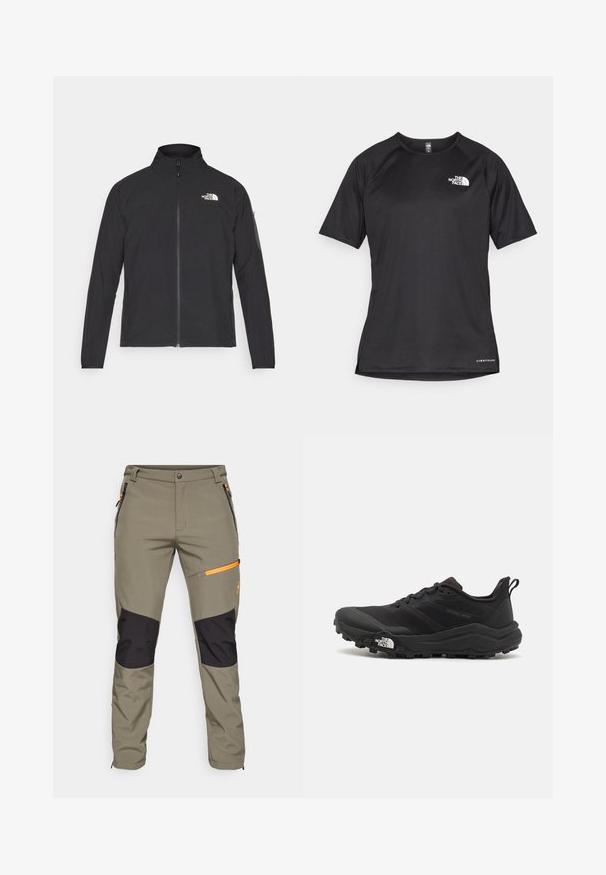 Casaco preto com um colarinho alto, fecho na frente e tecido texturizado. Apresenta um logótipo no canto superior esquerdo e um bolso lateral na manga.; Camisa atlética preta de manga curta com um tecido texturizado, apresentando um logotipo branco no peito esquerdo e uma bainha reta.; CMP MAN PANT - Calças para exterior - olive; Sapatilha de trail running preta com um upper texturizado, sola de borracha e biqueira reforçada. Possui um colarinho acolchoado e uma alça para facilitar o calçar.