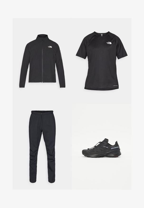 Črna jakna z visokim ovratnikom, sprednjim zadrgo in teksturirano tkanino. Ima logo na zgornji levi strani in stranski žep na rokavu.; Črna kratko rokavna športna majica iz teksturirane tkanine, z belim logotipom na levem prsnem delu in ravnim robom.; Črne lahke hlače z elastičnim pasom, zapiranjem na vrvico in ozkimi nogami. Narejene so iz vodoodpornega materiala z gladko strukturo.; Črne tekaške čevlje za terene z teksturiranim zgornjim delom, elastičnimi vezalkami in Contagrip podplatom. Imajo udoben prileganje in zaščitni kapica za prste.