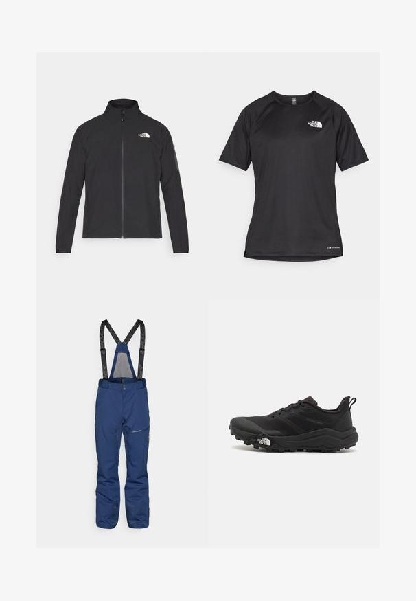 Musta jakk, millel on kõrge krae, eesneediga ja tekstuuriga kangas. Omab logo vasakul ülal ja küljetaskut varrukal.; Must mustreening, lühikeste varrukatega sportpoliis, millel on tekstuuriga kangas, valge logo vasakul rinnal ja sirge äär.; Tumesinised suusipüksid reguleeritavate mustade trukkidega, ees on lukuga tasku, tugevdatud sääreotsad ja sile tekstuur.; Must tume jooksujalats musta värvi, tekstuurse ülemise osaga, kummist tallaga ja tugevdatud varbaga. Omab pehmendusega krae ja tõmblinti mugavaks selga panemiseks.