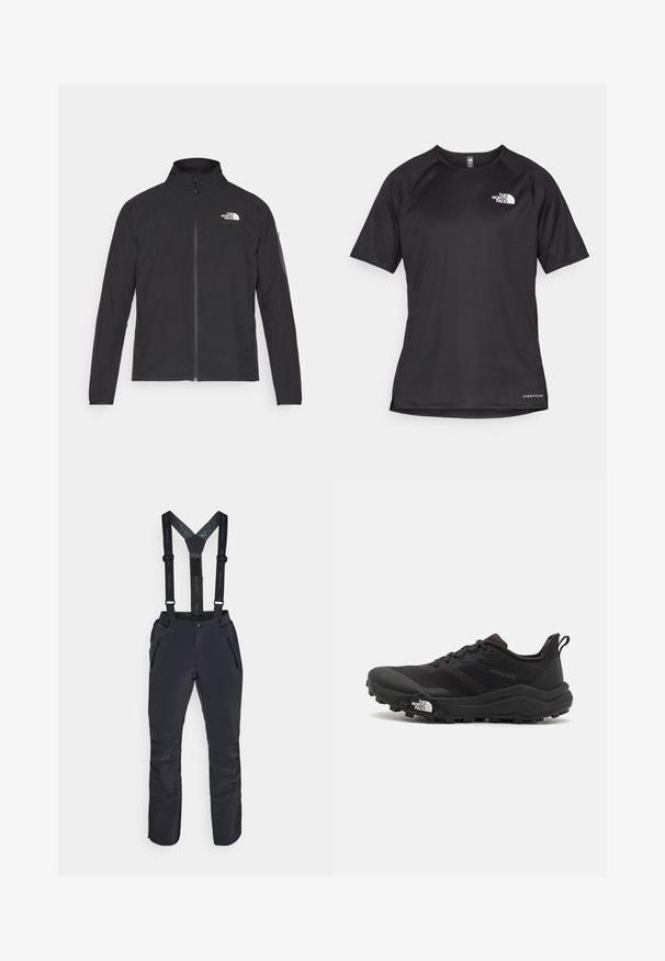 Musta jakk, millel on kõrge krae, eesneediga ja tekstuuriga kangas. Omab logo vasakul ülal ja küljetaskut varrukal.; Must mustreening, lühikeste varrukatega sportpoliis, millel on tekstuuriga kangas, valge logo vasakul rinnal ja sirge äär.; Mustad mustega veekindlad püksid reguleeritavate suspenderitega, lukuga taskud ja tugevdatud alumised jalad vastupidavuse ja funktsionaalsuse tagamiseks.; Must tume jooksujalats musta värvi, tekstuurse ülemise osaga, kummist tallaga ja tugevdatud varbaga. Omab pehmendusega krae ja tõmblinti mugavaks selga panemiseks.