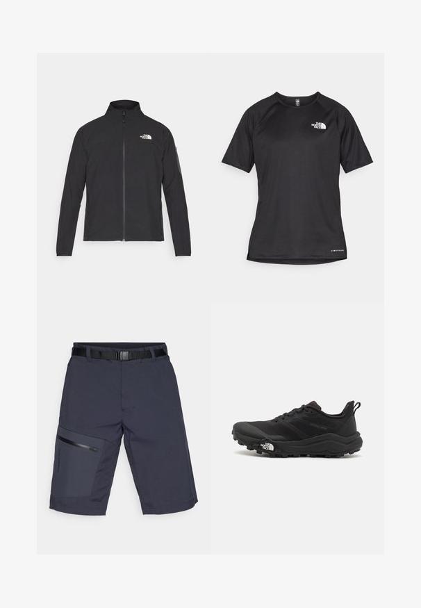 Musta takki, jossa on korkea kaulus, vetoketju edessä ja teksturoitu kangas. Sisältää logon vasemmassa yläkulmassa ja sivutaskun hihassa.; Mustat lyhythihaiset urheilupaidat, joissa on teksturoitu kangas, valkoisella logolla vasemmassa rinnassa ja suora helma.; Tummansiniset cargo-shortsit, joissa on musta vyö, vasemmassa lahkeessa vetoketjullinen tasku ja teksturoitu kangas. Yhteenvetona tyylikäs ja toiminnallinen muotoilu.; Musta maastojuoksukengät, joissa on teksturoitu päällinen, kumipohja ja vahvistettu varvastoppia. Varusteena pehmustettu nilkkakappale ja vetotappi helppoa pukemista varten.