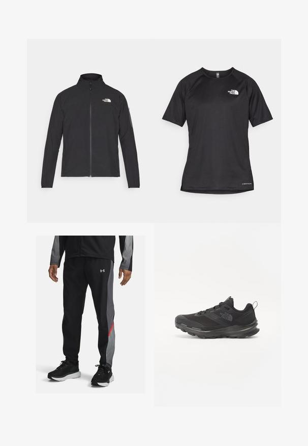 Zwarte jas met een hoge kraag, ritssluiting aan de voorkant en een gestructureerde stof. Heeft een logo op de bovenste linkerzijde en een zijzak op de mouw.; Zwarte sportshirt met korte mouwen van textuurstof, met een wit logo op de linkerborst en een rechte zoom.; Zwarte sportbroek met grijze en rode accenten, uitgerust met een strak ontwerp en een taps toelopende pasvorm. Gemaakt van lichtgewicht materiaal met een zachte textuur.; Zwarte sportieve sneaker met een bovenkant van mesh, rubberen zool en een zachte kraag. Voorzien van veters, een logo op de zijkant en een gestructureerd ontwerp.